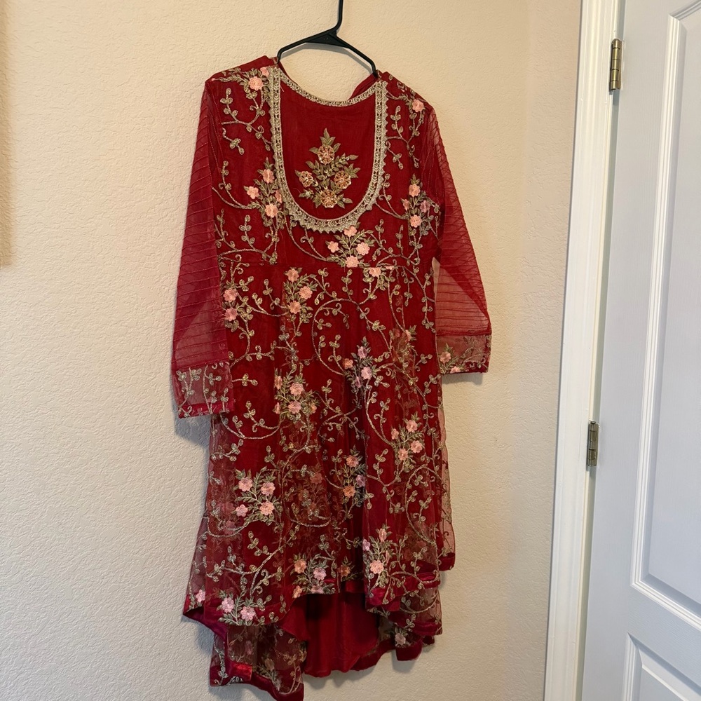 Shah Jahan Pakistani Red Floral Embroidered Dress